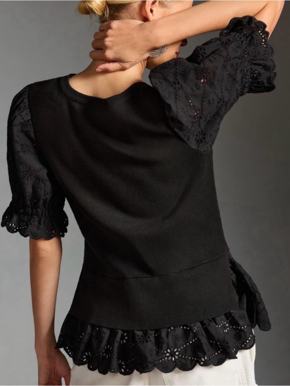 Anthropologie Black Eyelet Peplum Sweater Top - Picture 2 of 7